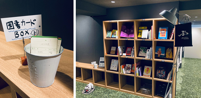 ぶらぶらBOOKSで用意した読書カード（左）。本棚はオープンスペースに設置しふらっと読めるようにしている。