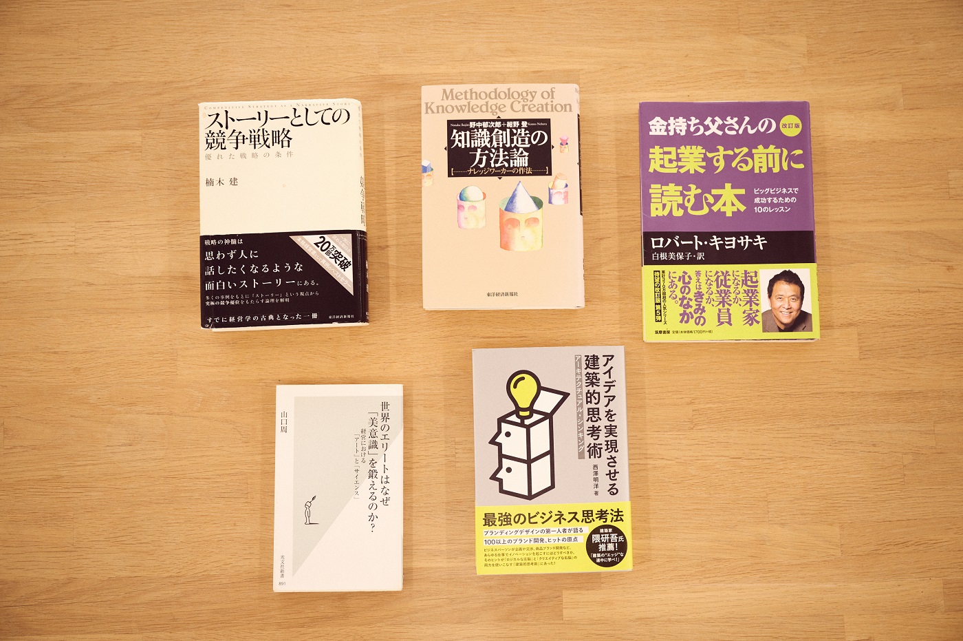 左上から時計回りに、楠木 建『ストーリーとしての競争戦略 ―優れた戦略の条件』／野中郁次郎,紺野登『知識創造の方法論』／ロバート キヨサキ『改訂版 金持ち父さんの起業する前に読む本: ビッグビジネスで成功するための10のレッスン』／西澤明洋『アイデアを実現させる建築的思考術 アーキテクチュアル・シンキング』／山口 周『世界のエリートはなぜ「美意識」を鍛えるのか? 経営における「アート」と「サイエンス」 』