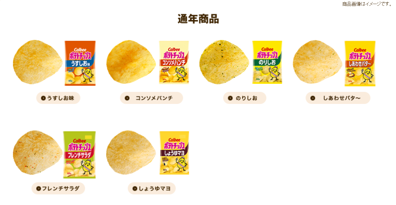 現在CAPSでチェックを行っているピロータイプのポテトチップス（一部）